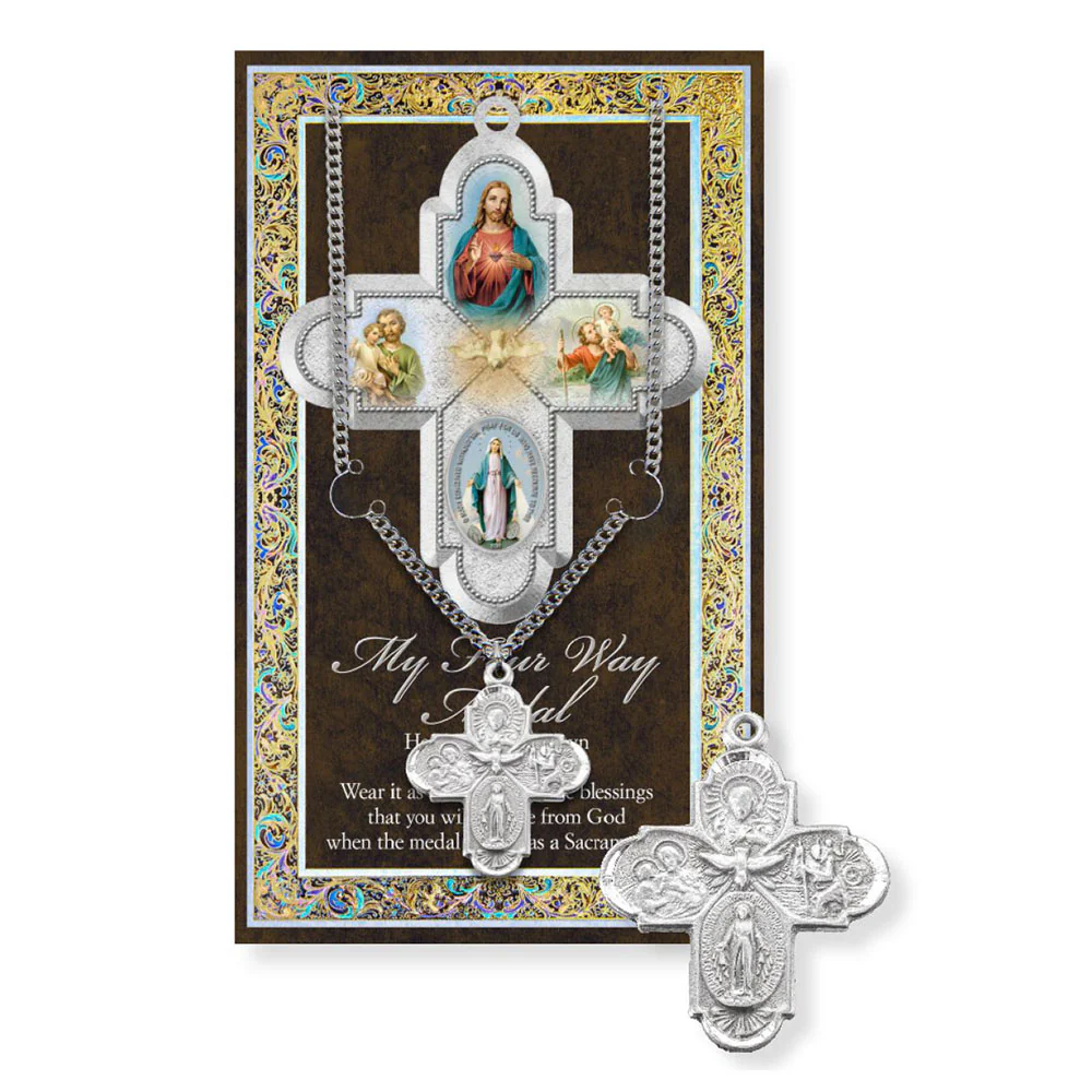 4-Way Medal Cross Necklace with Prayer Pamphlet