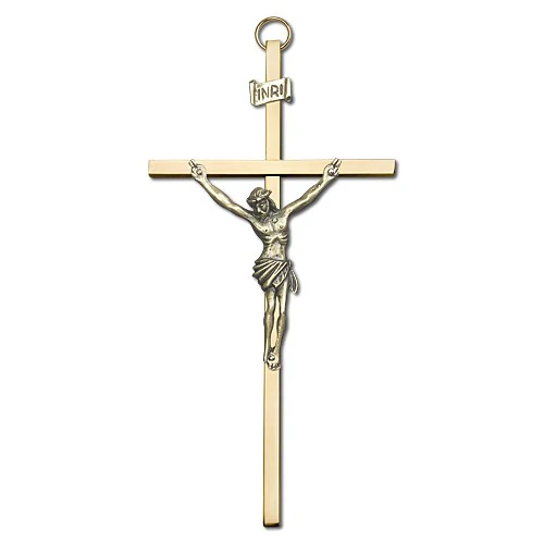 6 inch Antique Gold Crucifix on a Polished Brass Cross