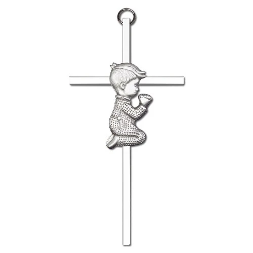 6 inch Antique Silver Praying Boy on a Polished Silver Finish Cross - Image 2