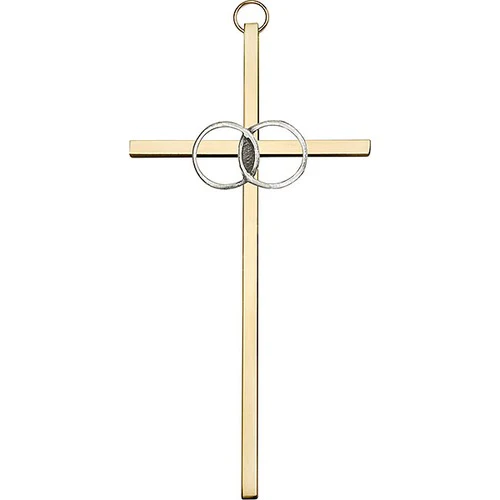 6 inch Antique Silver Wedding Rings on a Polished Brass Cross