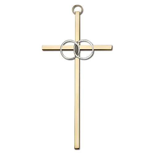 6 inch Antique Silver Wedding Rings on a Polished Brass Cross - Image 2