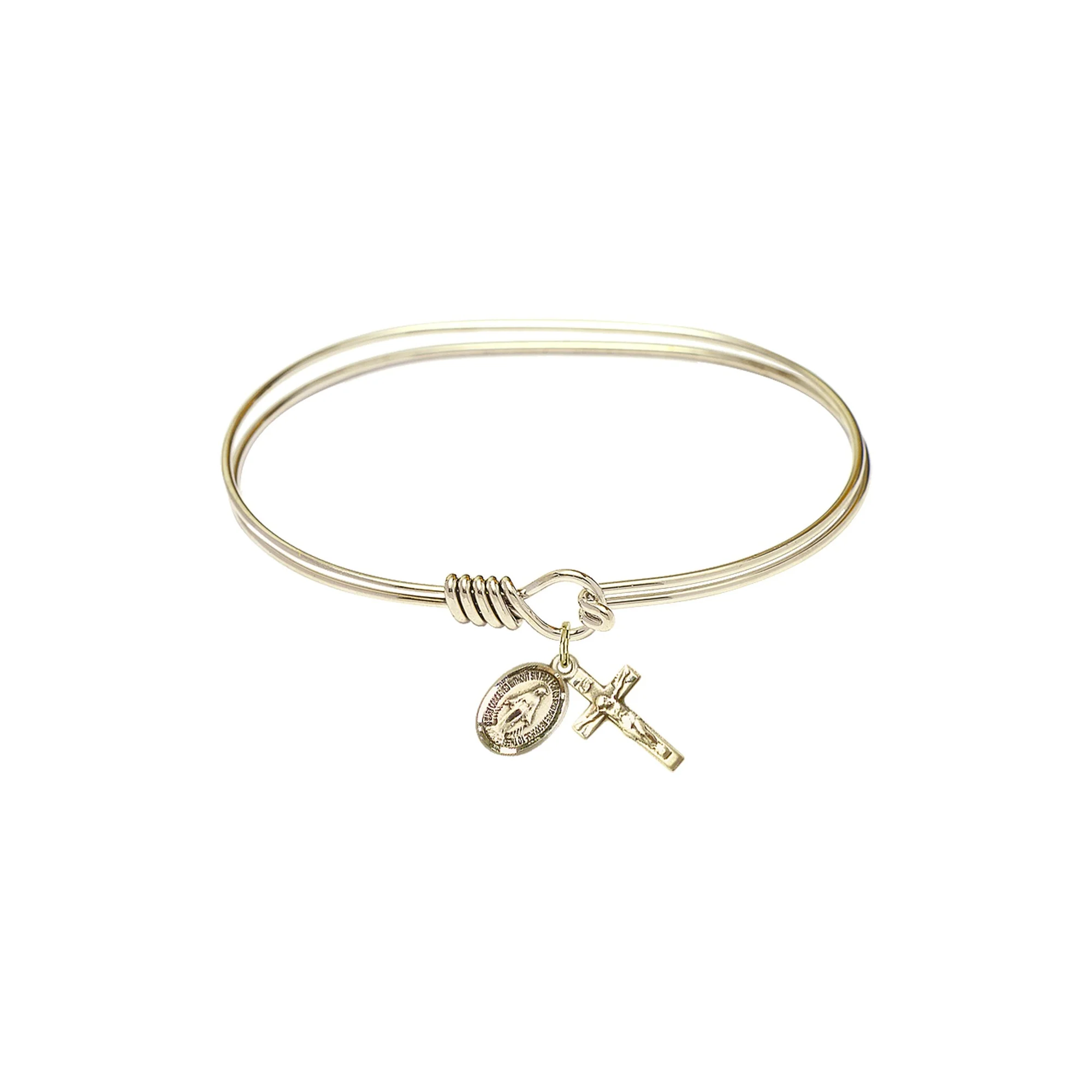 Adult 7" Oval Gold Plated Bangle Bracelet with Miraculous/Crucifix Charm - Image 2