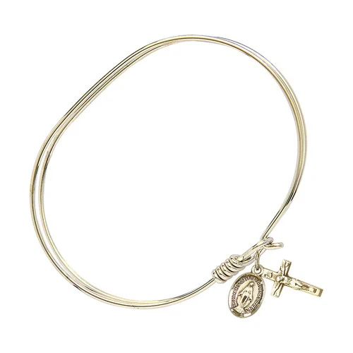 Adult 7" Oval Gold Plated Bangle Bracelet with Miraculous/Crucifix Charm - Image 3