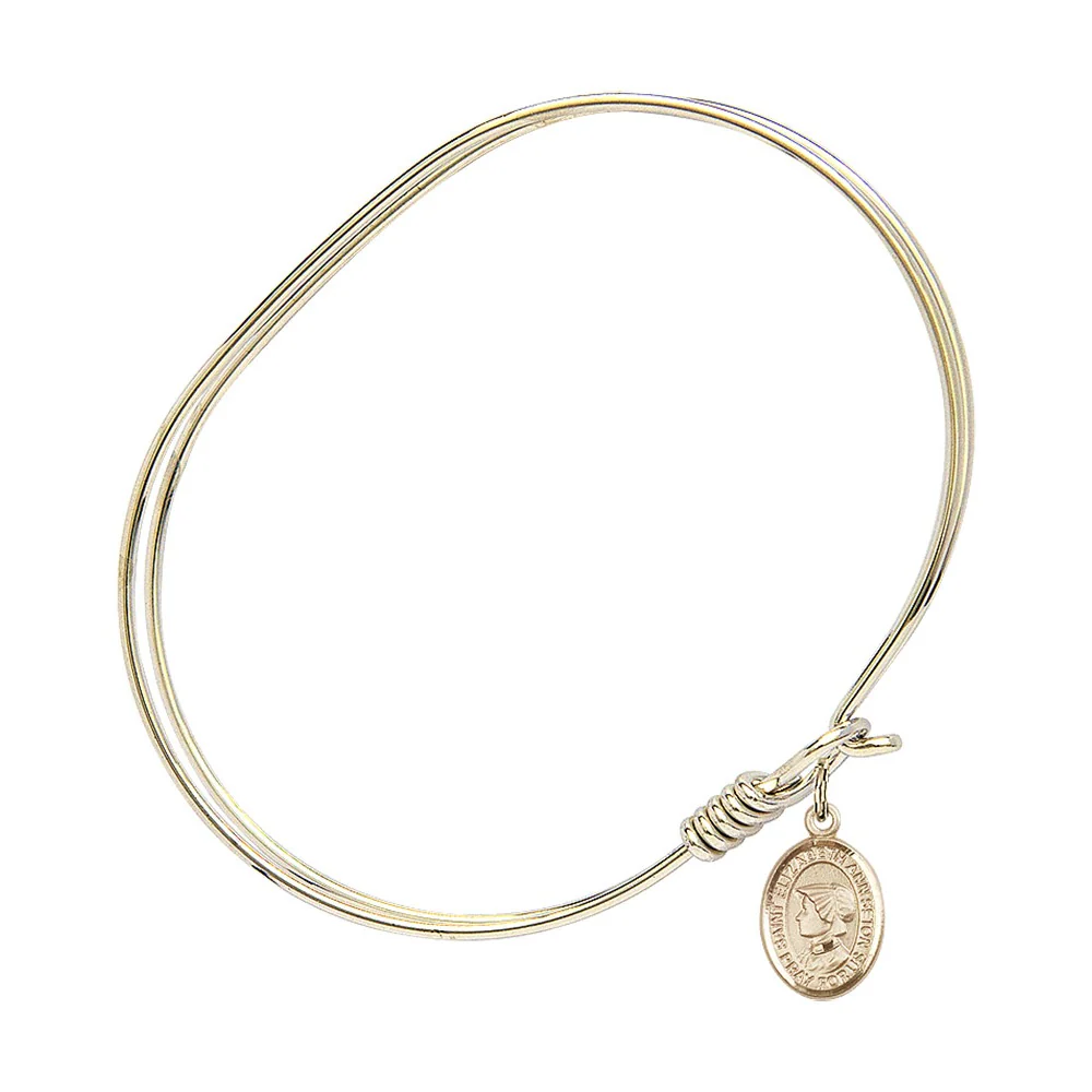 Adult 7" Oval Gold Plated Bangle Bracelet with St. Elizabeth Ann Seton Medal Charm - Image 2