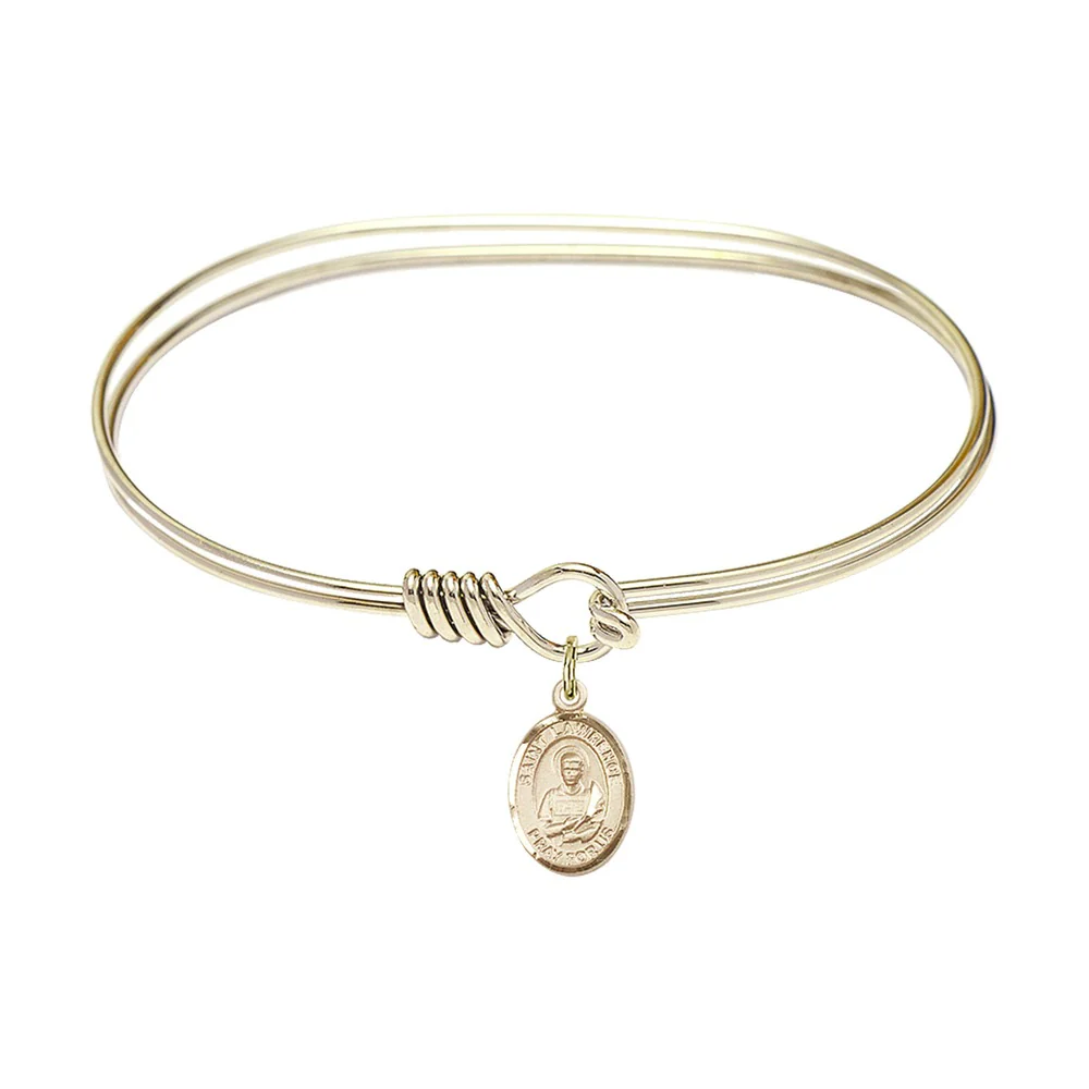 Adult 7" Oval Gold Plated Bangle Bracelet with St. Lawrence Medal Charm