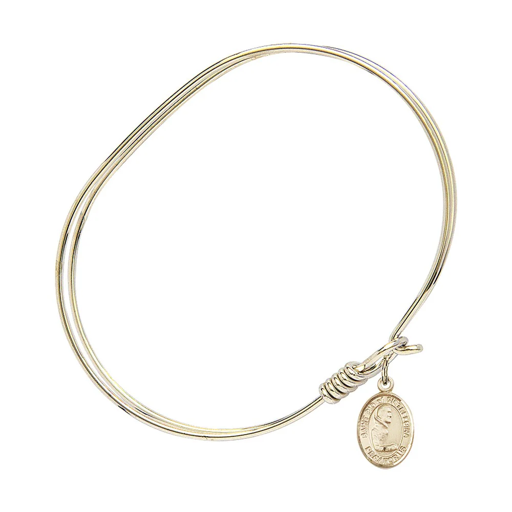 Adult 7" Oval Gold Plated Bangle Bracelet with St. Pio of Pietrelcina Medal Charm - Image 3