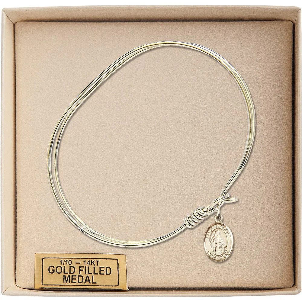 Adult 7" Oval Gold Plated Bangle Bracelet with St. Veronica Medal Charm - Image 3