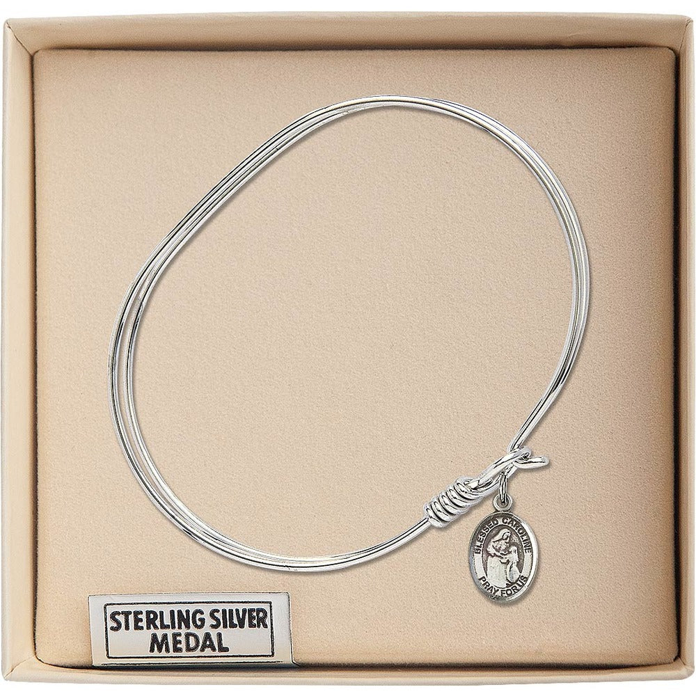 Adult 7" Oval Rhodium Plated Bangle Bracelet with Blessed Caroline Gerhardinger Medal Charm - Image 3