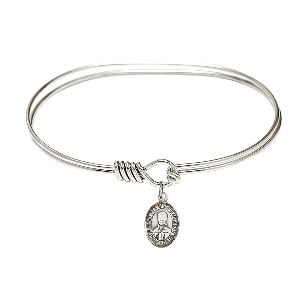 Adult 7" Oval Rhodium Plated Bangle Bracelet with Blessed Pier Giorgio Frassati Medal Charm - Image 2