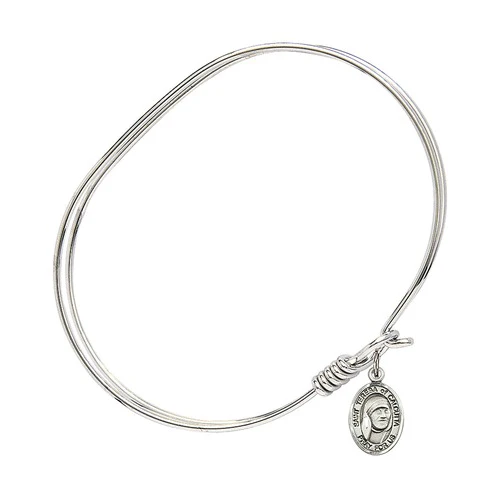 Adult 7" Oval Rhodium Plated Bangle Bracelet with Saint Teresa of Calcutta Medal Charm - Image 2
