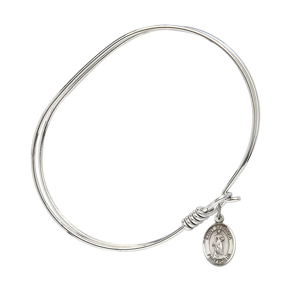 Adult 7" Oval  Rhodium Plated Bangle Bracelet with St. Barbara Medal Charm - Image 3