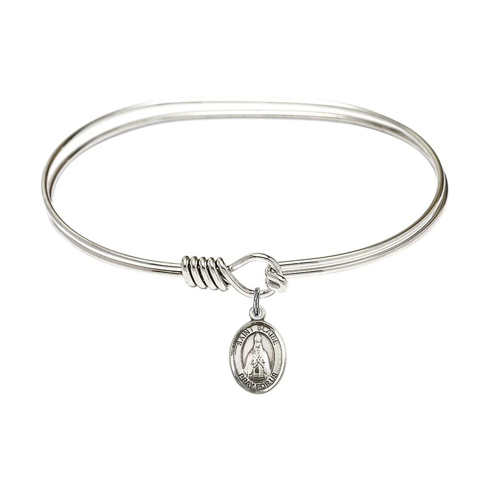 Adult 7" Oval  Rhodium Plated Bangle Bracelet with St. Blaise Medal Charm