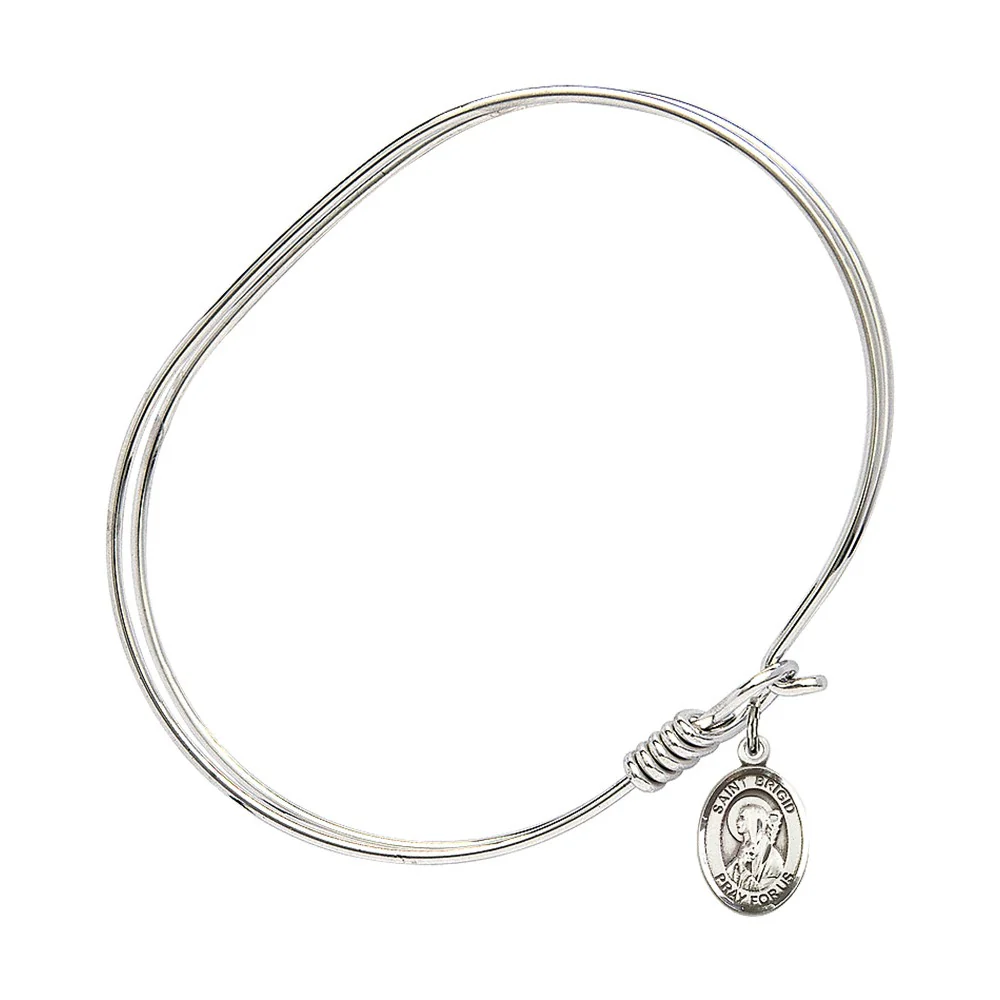 Adult 7" Oval Rhodium Plated Bangle Bracelet with St. Brigid of Ireland Medal Charm - Image 2