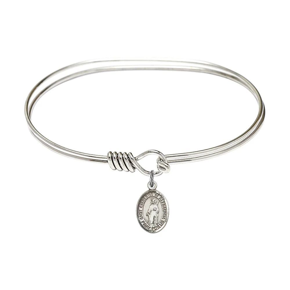 Adult 7" Oval Rhodium Plated Bangle Bracelet with St. Catherine of Alexandria Medal Charm - Image 2