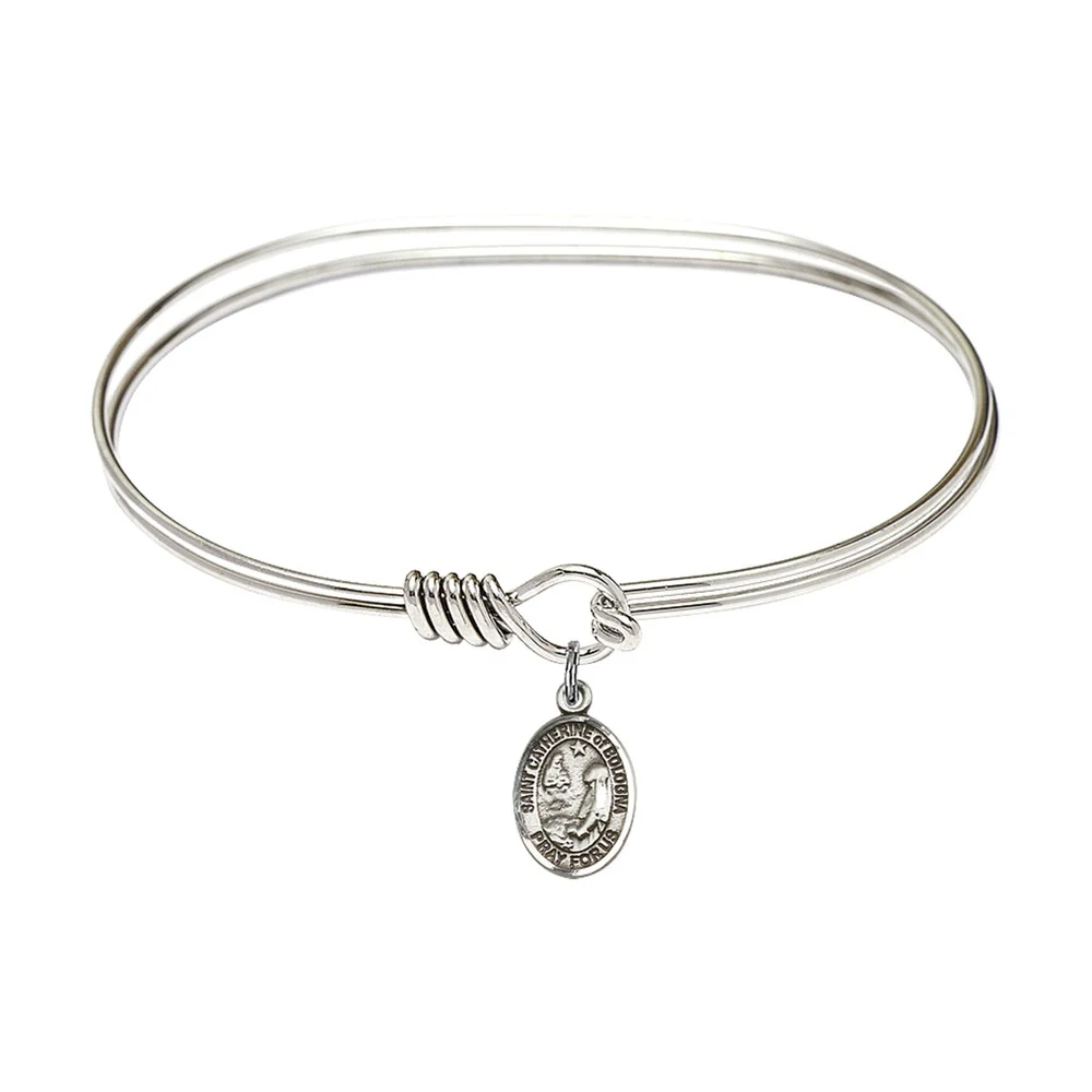Adult 7" Oval Rhodium Plated Bangle Bracelet with St. Catherine of Bologna Medal Charm