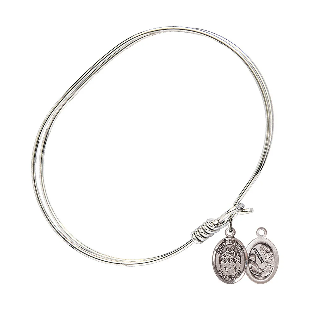 Adult 7" Oval Rhodium Plated Bangle Bracelet with St. Cecilia / Choir Medal Charm - Image 2