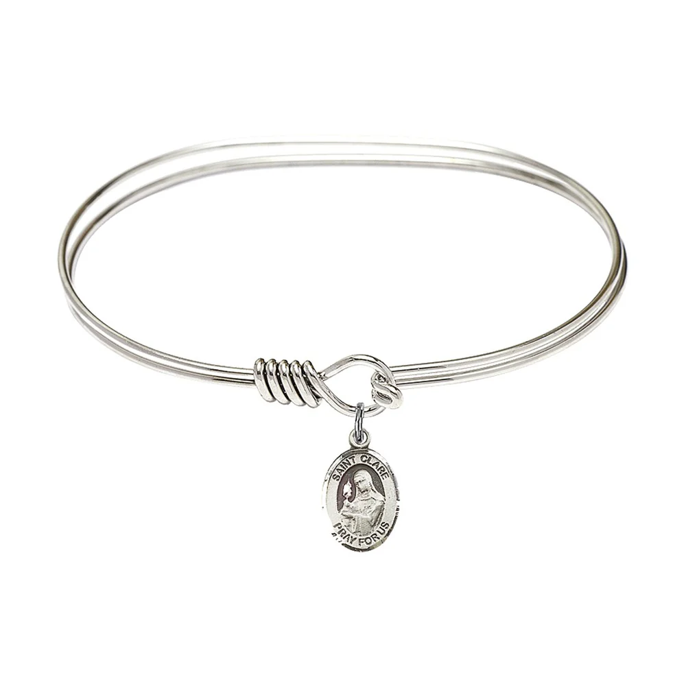 Adult 7" Oval Rhodium Plated Bangle Bracelet with St. Clare of Assisi Medal Charm