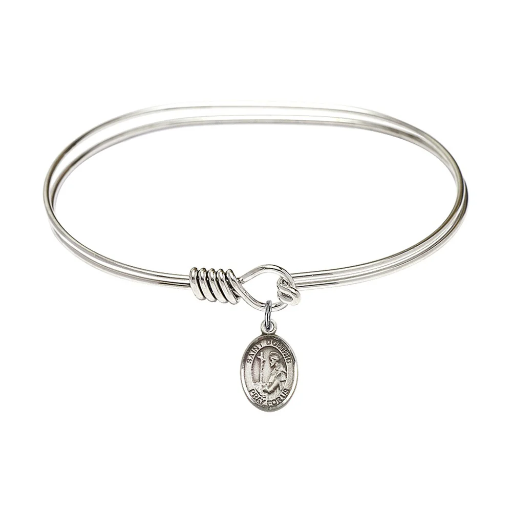Adult 7" Oval Rhodium Plated Bangle Bracelet with St. Dominic de Guzman Medal Charm