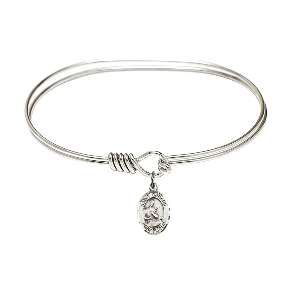 Adult 7" Oval Rhodium Plated Bangle Bracelet with St. Gerard Majella Medal Charm