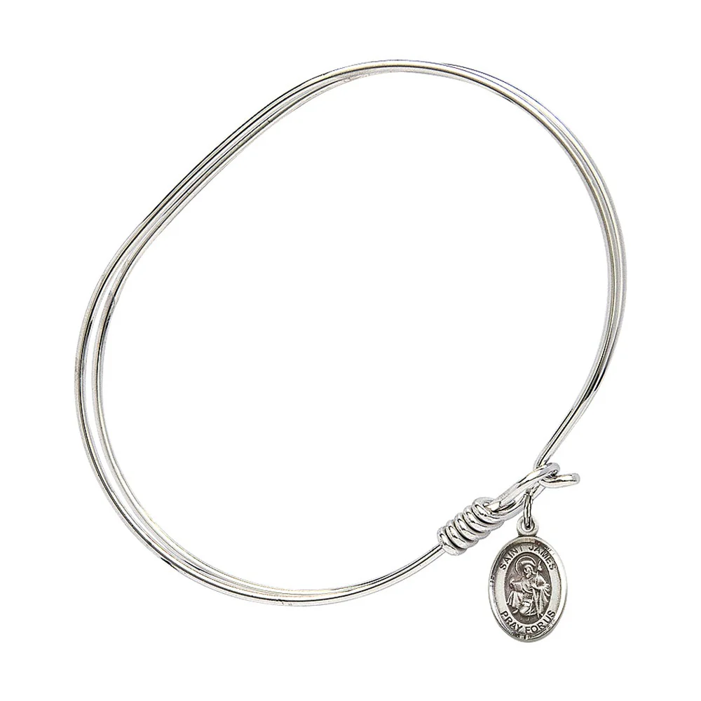 Adult 7" Oval Rhodium Plated Bangle Bracelet with St. James the Greater Medal Charm
