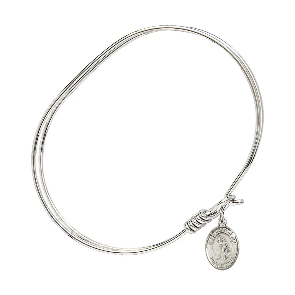 Adult 7" Oval Rhodium Plated Bangle Bracelet with St. Joan of Arc Medal Charm - Image 2