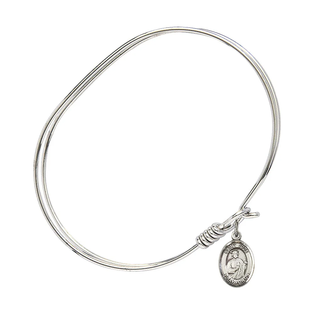 Adult 7" Oval Rhodium Plated Bangle Bracelet with St. Jude Thaddeus Medal Charm - Image 2