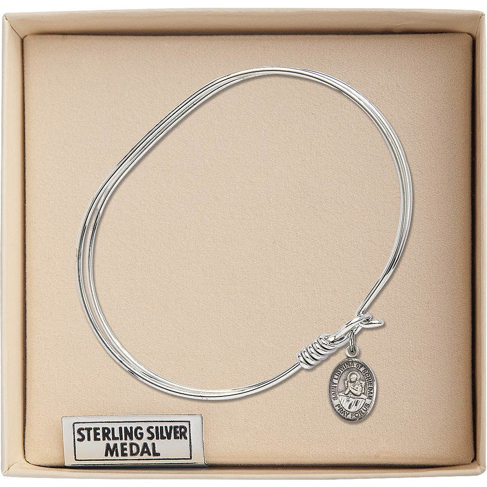 Adult 7" Oval  Rhodium Plated Bangle Bracelet with St. Lidwina of Schiedam Medal Charm - Image 3