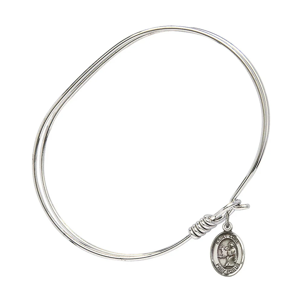Adult 7" Oval Rhodium Plated Bangle Bracelet with St. Luke the Apostle Medal Charm - Image 3