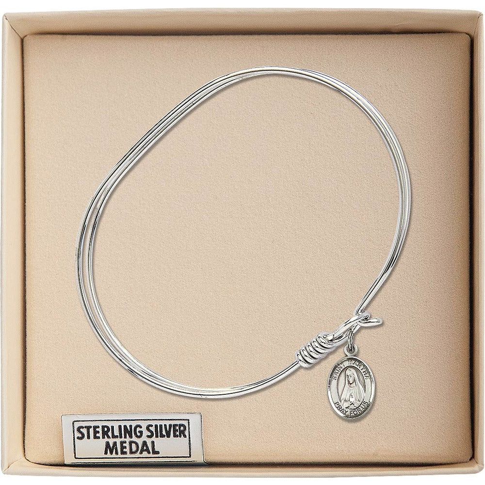 Adult 7" Oval  Rhodium Plated Bangle Bracelet with St. Martha Medal Charm - Image 3