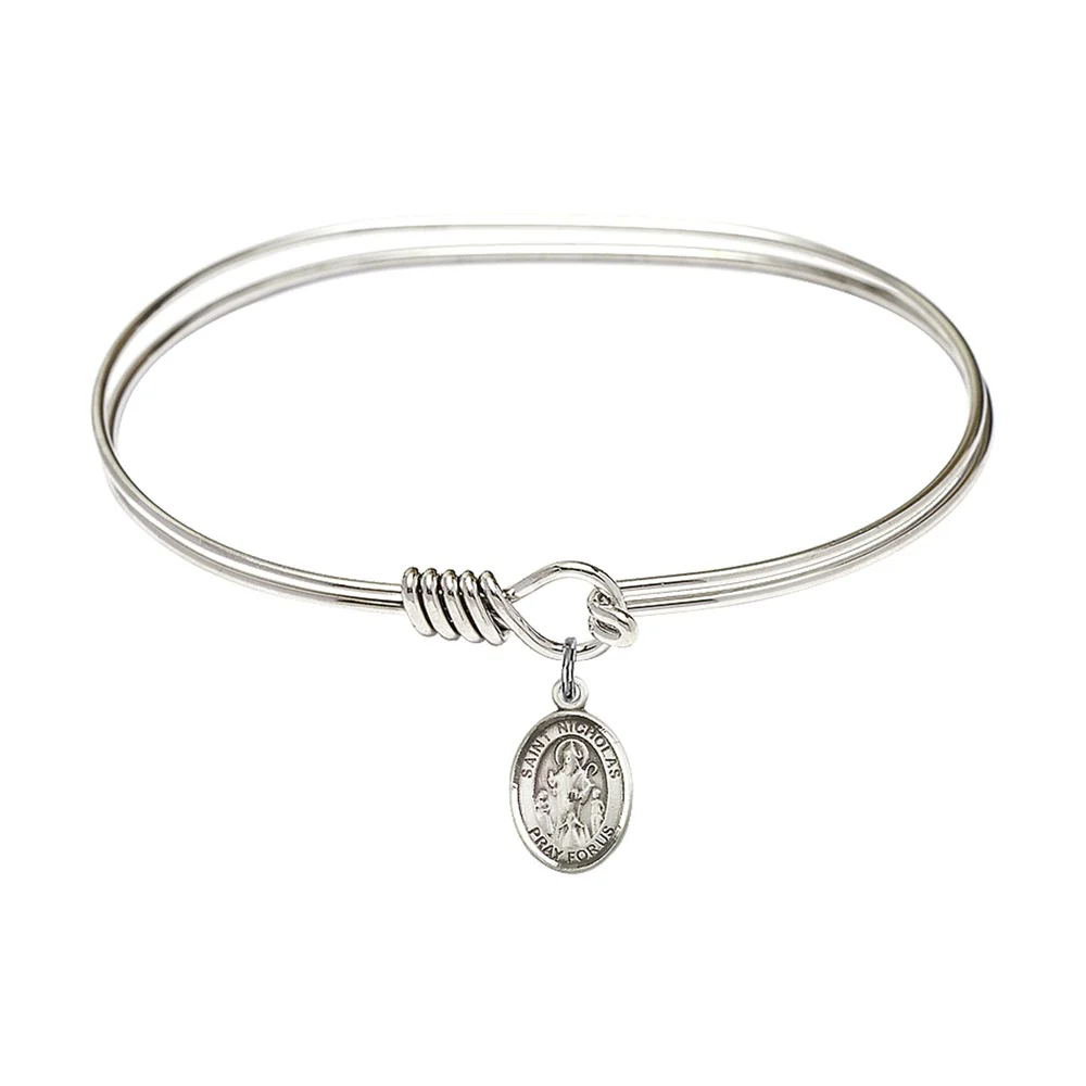 Adult 7" Oval  Rhodium Plated Bangle Bracelet with St. Nicholas Medal Charm