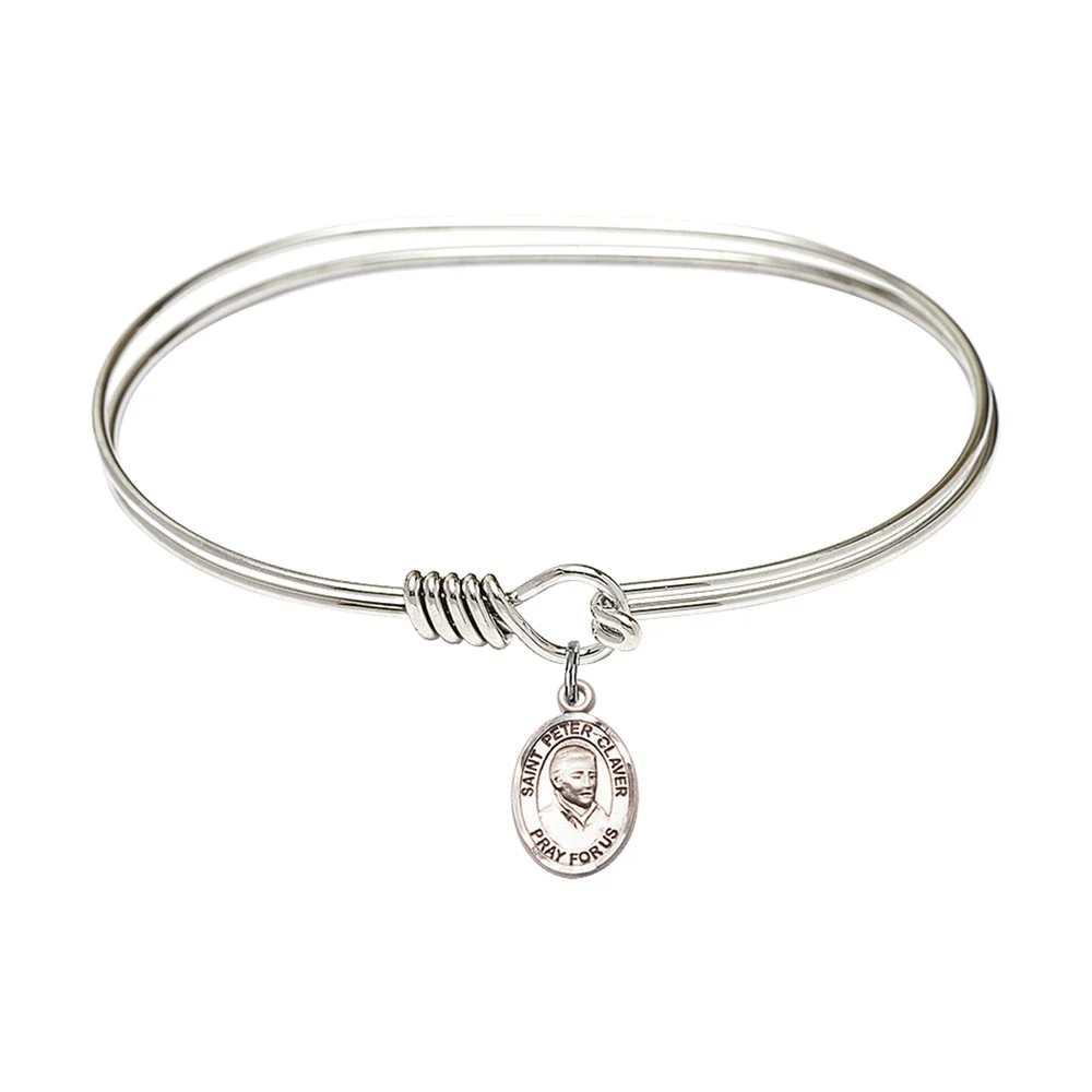Adult 7" Oval Rhodium Plated Bangle Bracelet with St. Peter Claver Medal Charm