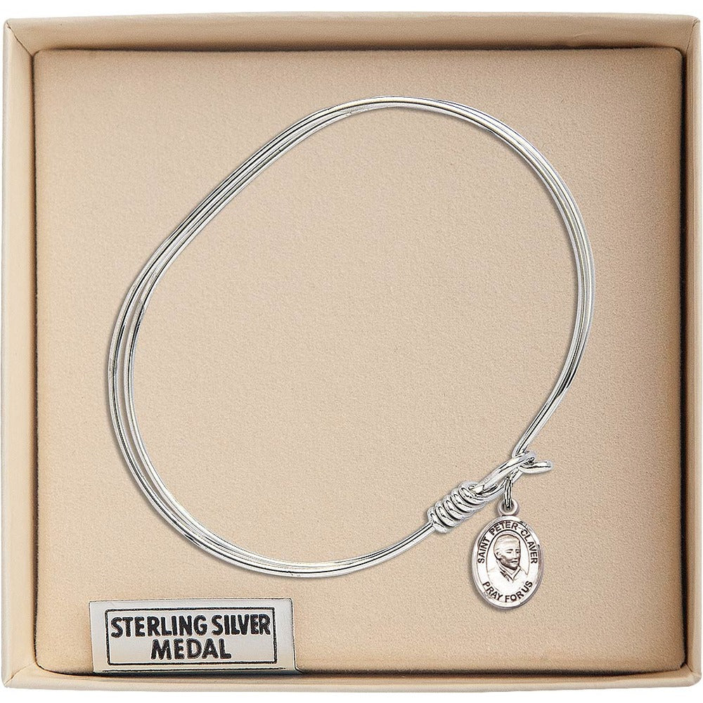 Adult 7" Oval Rhodium Plated Bangle Bracelet with St. Peter Claver Medal Charm - Image 3