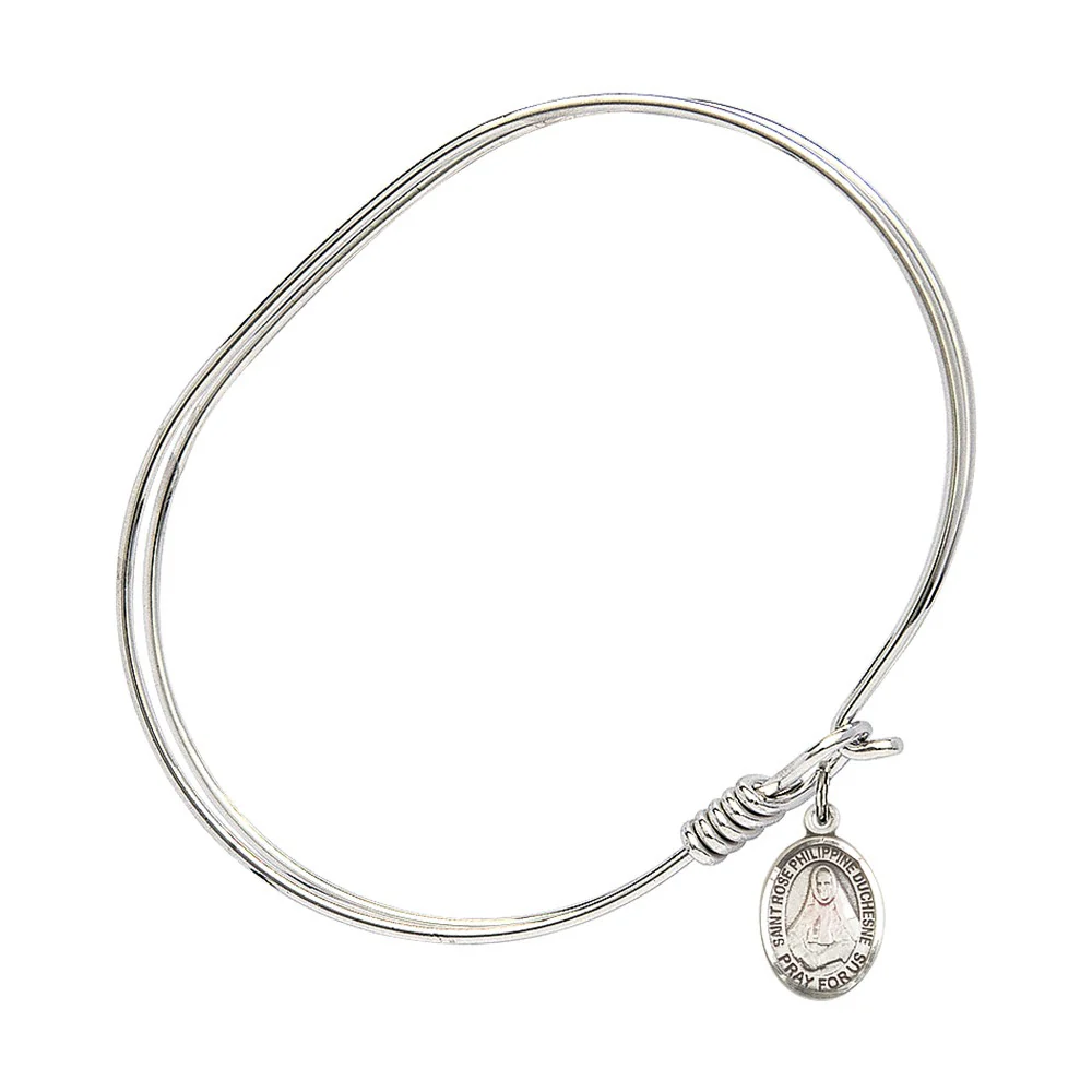 Adult 7" Oval Rhodium Plated Bangle Bracelet with St. Rose Philippine Duchesne Medal Charm - Image 2