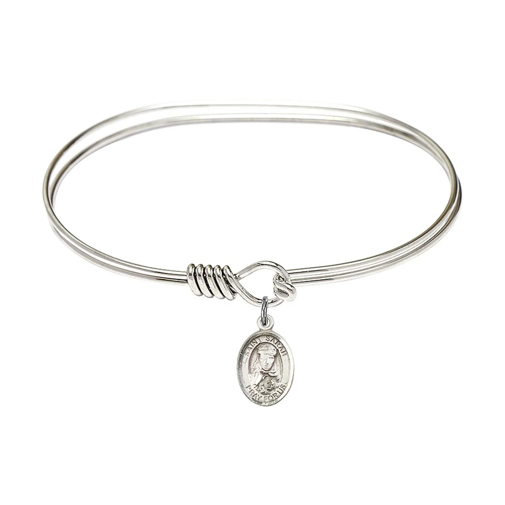 Adult 7" Oval  Rhodium Plated Bangle Bracelet with St. Sarah Medal Charm