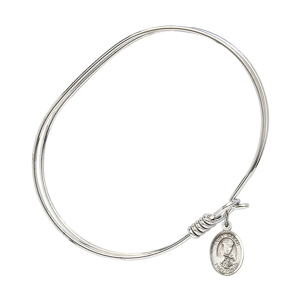 Adult 7" Oval  Rhodium Plated Bangle Bracelet with St. Sarah Medal Charm - Image 2