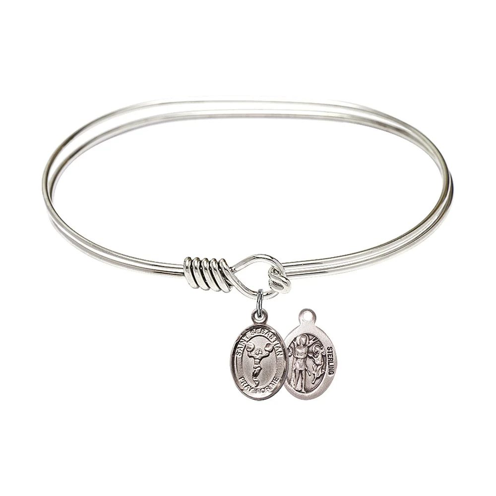 Adult 7" Oval Rhodium Plated Bangle Bracelet with St. Sebastian/Cheerleading Medal Charm