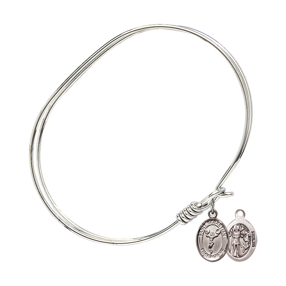 Adult 7" Oval Rhodium Plated Bangle Bracelet with St. Sebastian/Cheerleading Medal Charm - Image 2