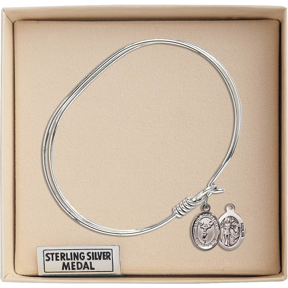 Adult 7" Oval Rhodium Plated Bangle Bracelet with St. Sebastian/Cheerleading Medal Charm - Image 3