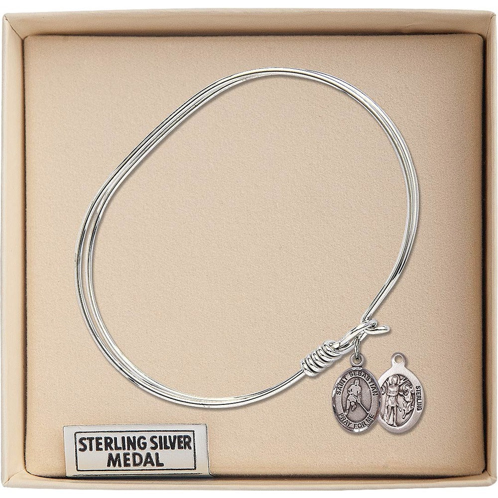Adult 7" Oval  Rhodium Plated Bangle Bracelet with St. Sebastian/Ice Hockey Medal Charm - Image 3
