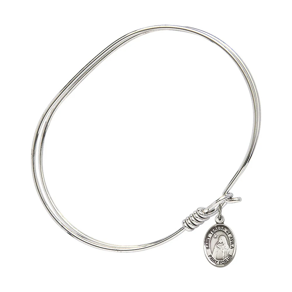 Adult 7" Oval Rhodium Plated Bangle Bracelet with St. Teresa of Avila Medal Charm - Image 2
