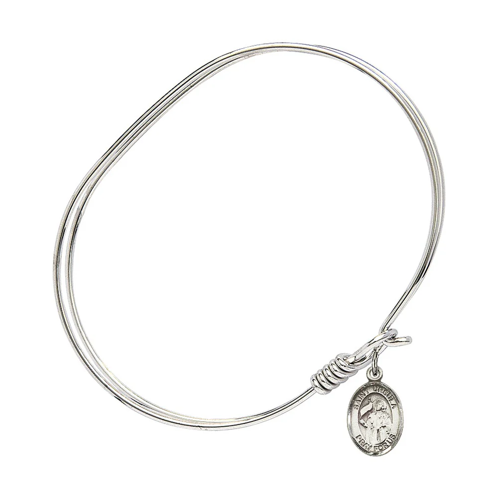 Adult 7" Oval  Rhodium Plated Bangle Bracelet with St. Ursula Medal Charm - Image 2