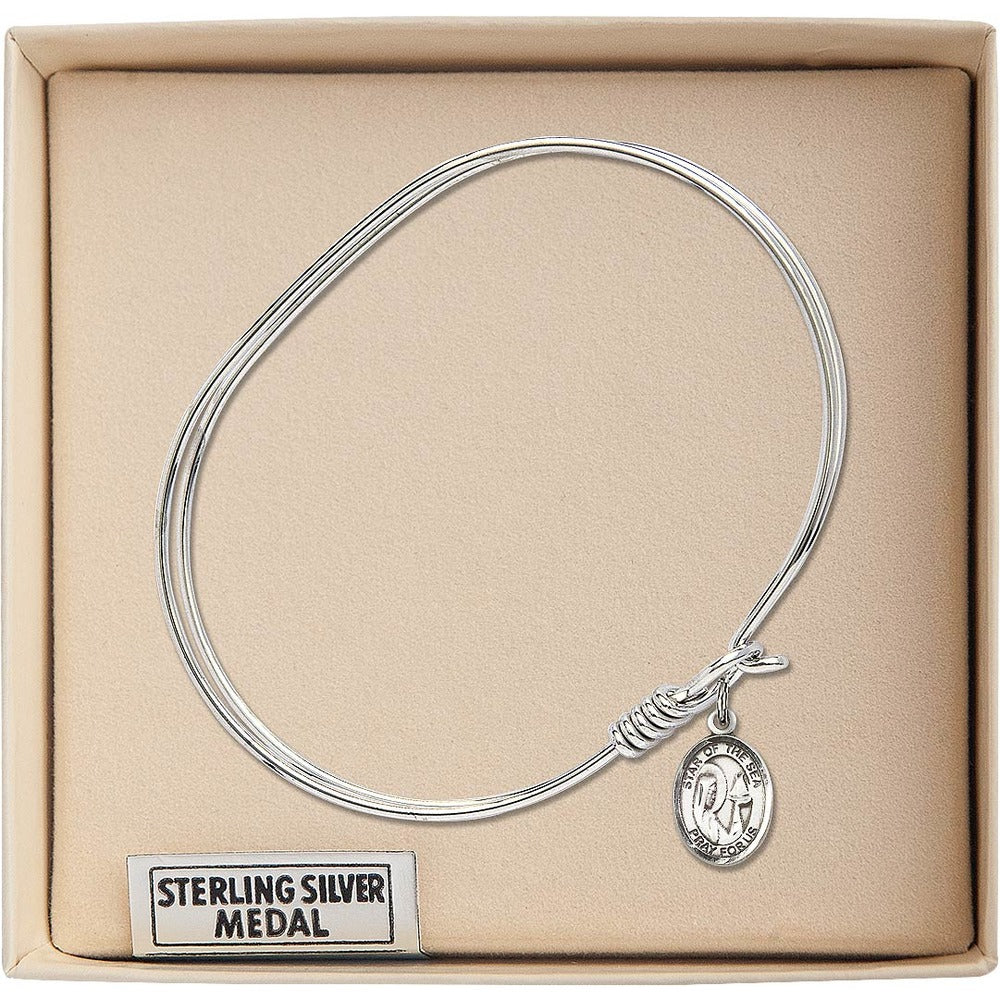 Adult 7" Oval Rhodium Plated Bangle with Our Lady Star of the Sea Medal - Image 3