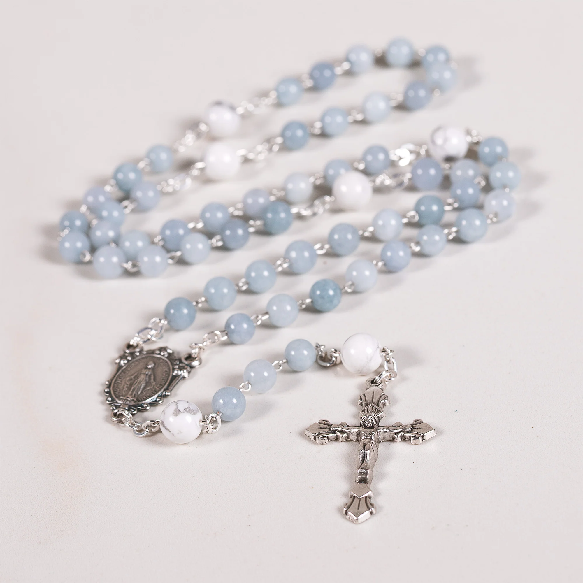 Blue Gray Angelite & Aulite Miraculous Medal Gemstone Rosary - Image 2