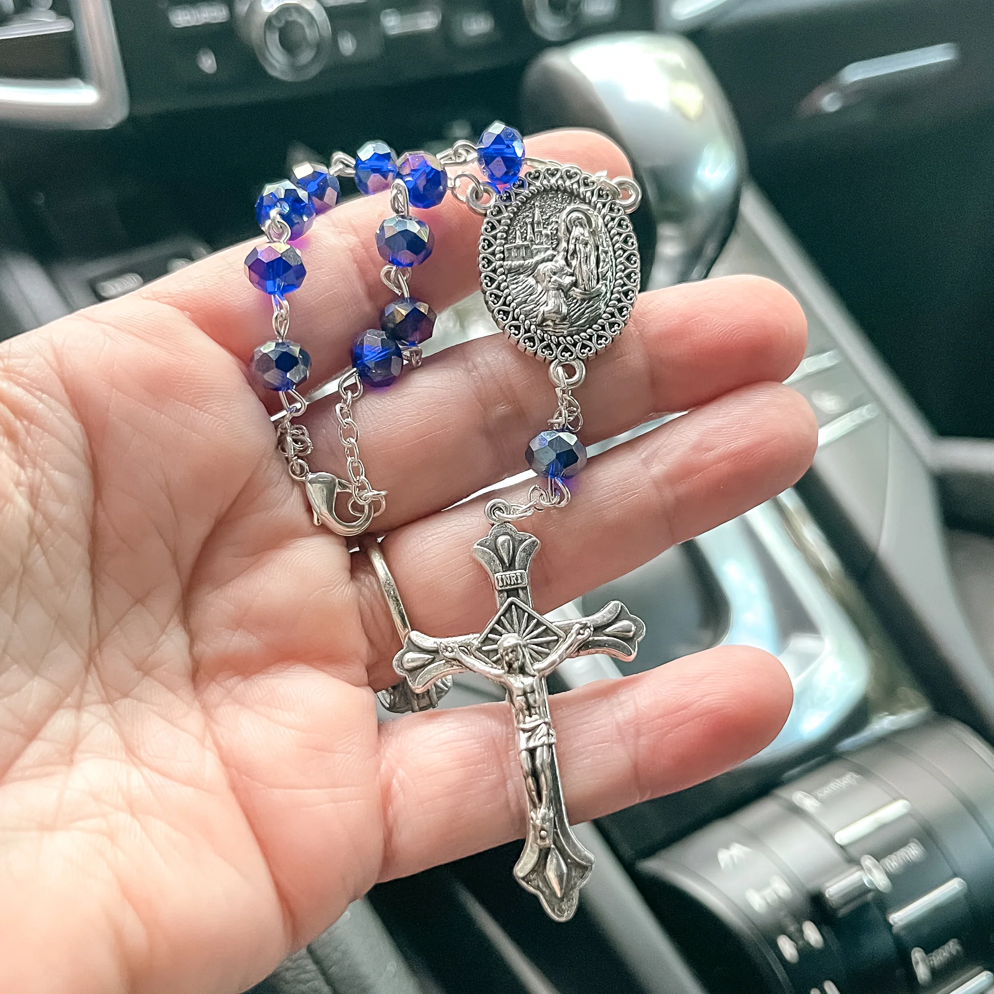 Blue Sun-Cut Crystal Lourdes Water Auto Rosary - Image 4