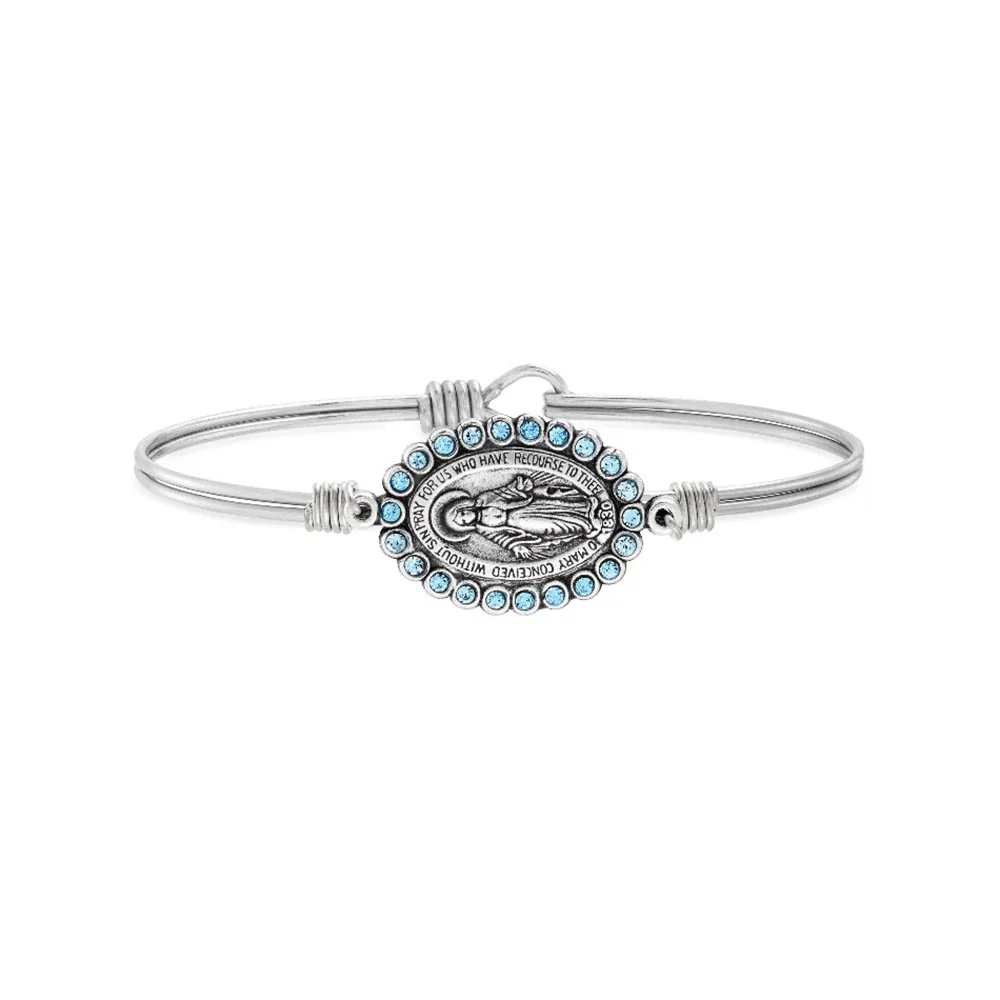 Blue Swarovski Crystal Miraculous Medal Bangle Bracelet