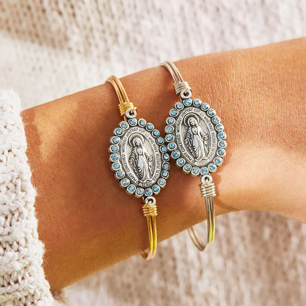 Blue Swarovski Crystal Miraculous Medal Bangle Bracelet - Image 2