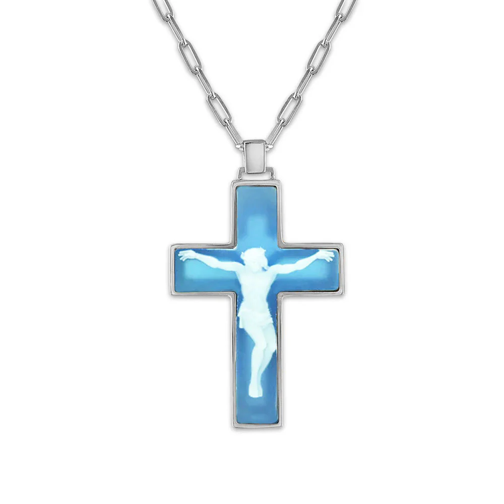 Carved Blue & White Cameo Crucifix Necklace - Image 5