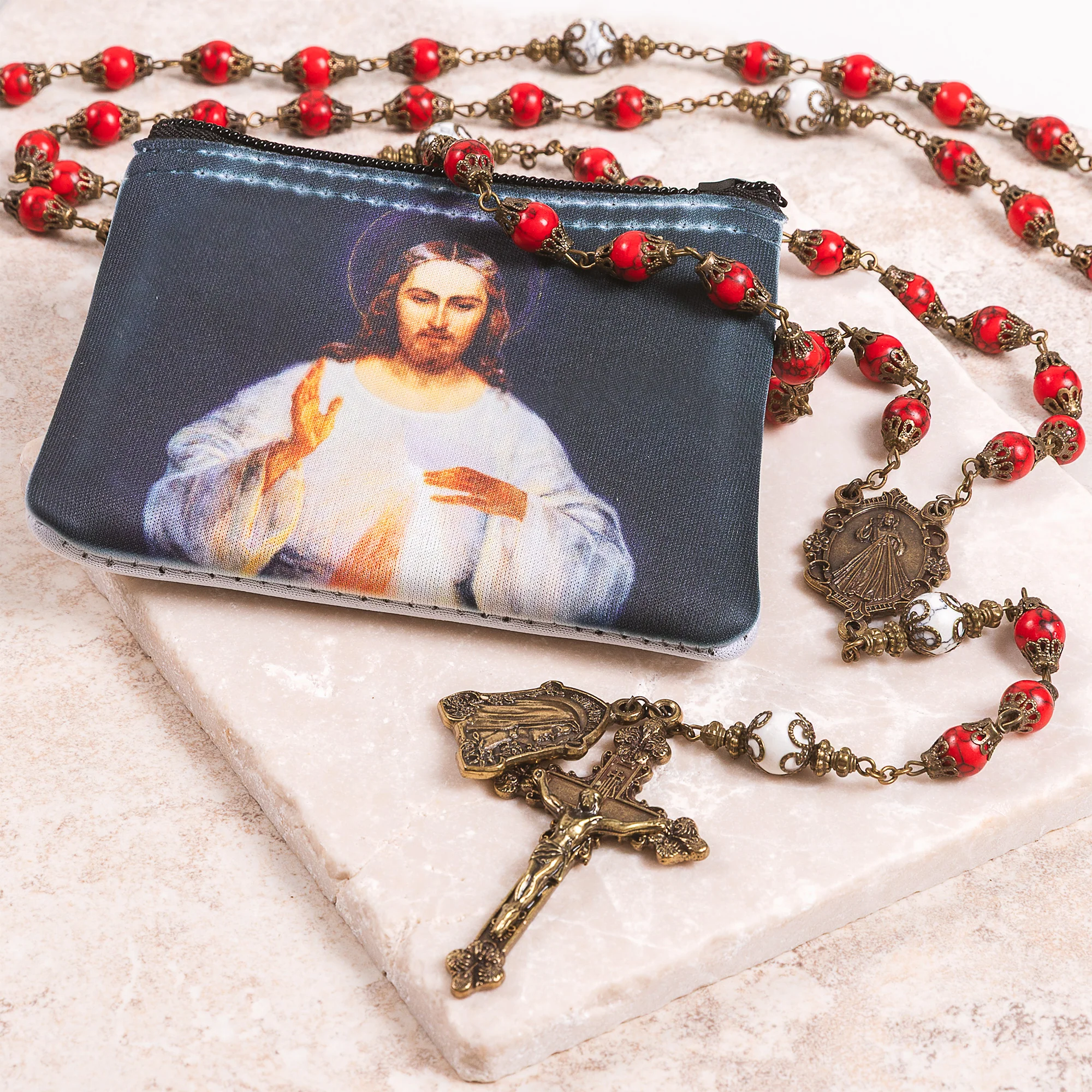 Divine Mercy Rosary Pouch & Vintage Rosary-Divine Mercy Gift Set - Image 3