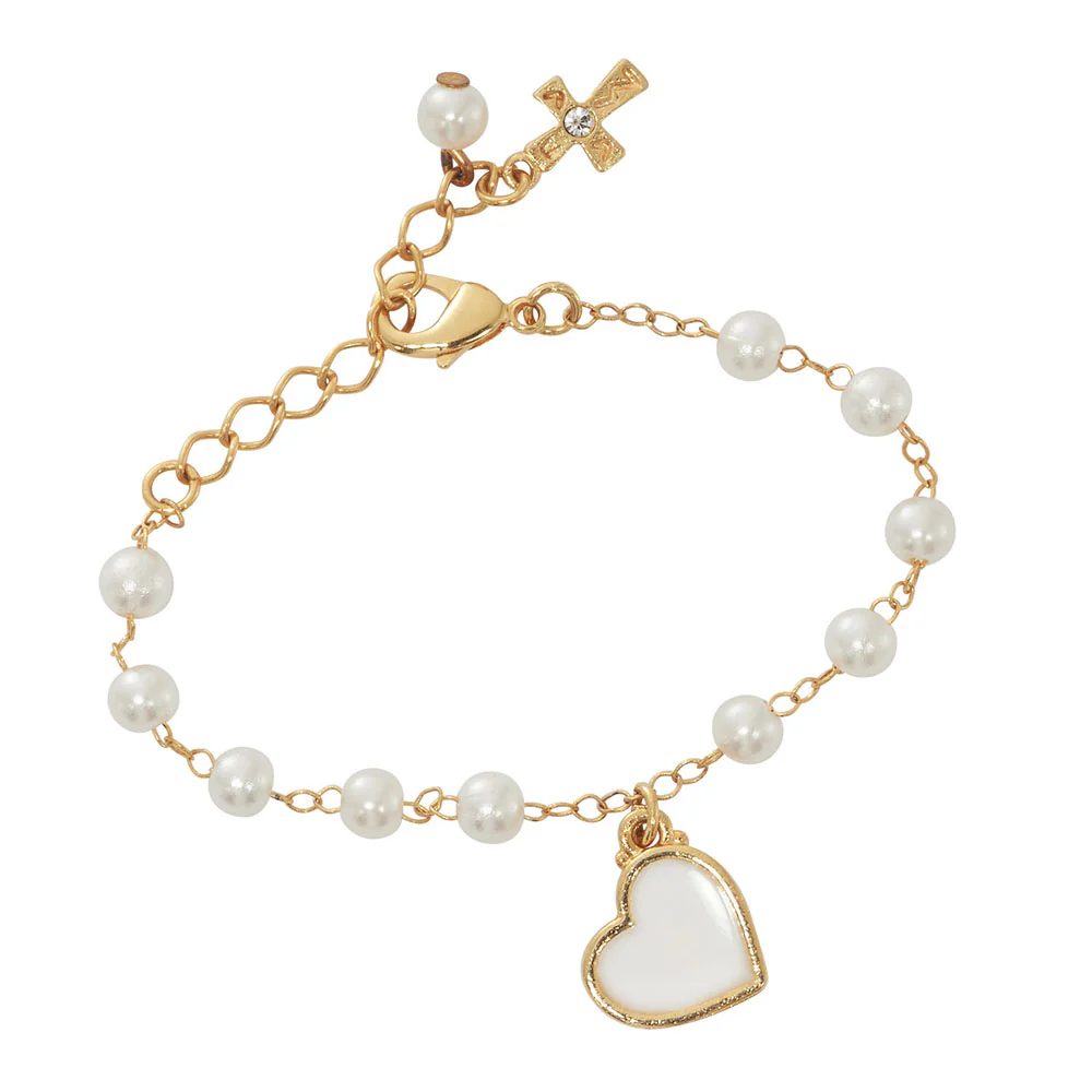 Faux  Pearl One Decade Rosary Bracelet w/White Heart Charm