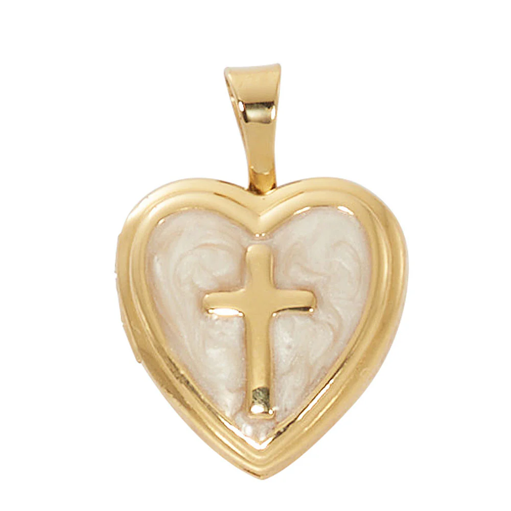 Gold Over Sterling Silver Pearlized Heart & Cross Locket - 18"